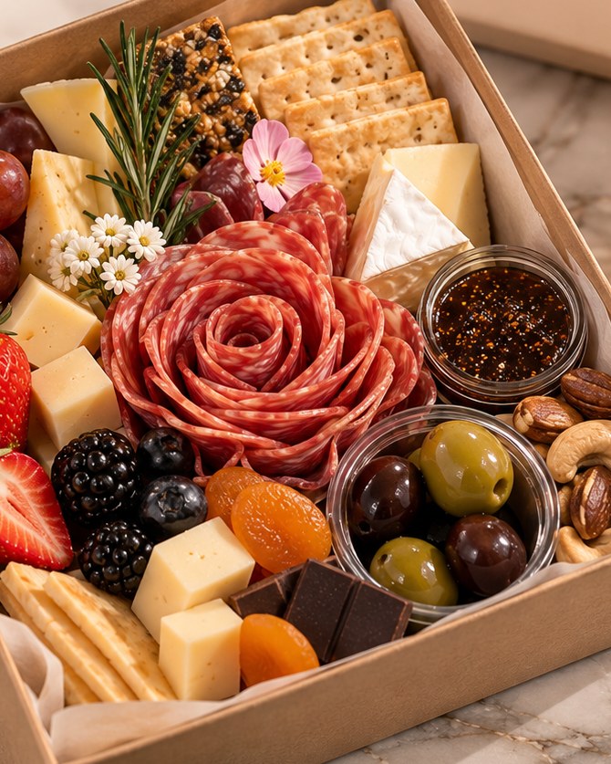 The Individual VIP Box open on marble — a salami rose, cheeses, grapes, strawberries, crackers, olives and a fig spread