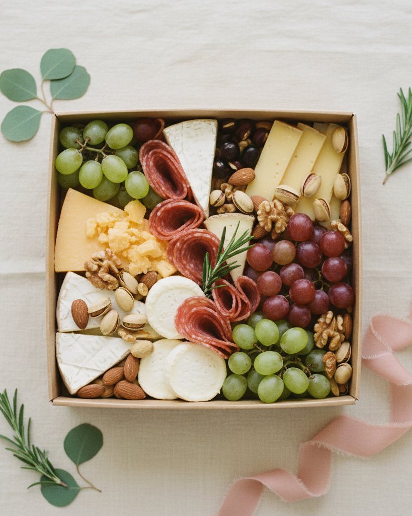 Inside a gift box: cheese, salami, grapes and nuts