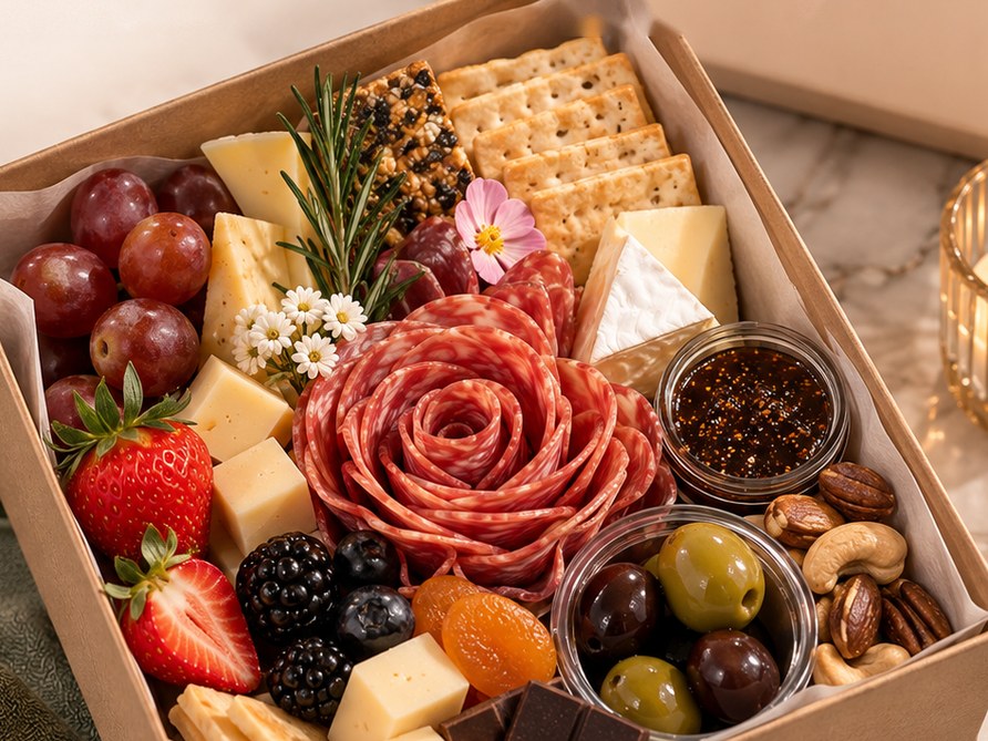 The Individual VIP Box open on marble — a salami rose, cheeses, grapes, strawberries, crackers, olives and a fig spread