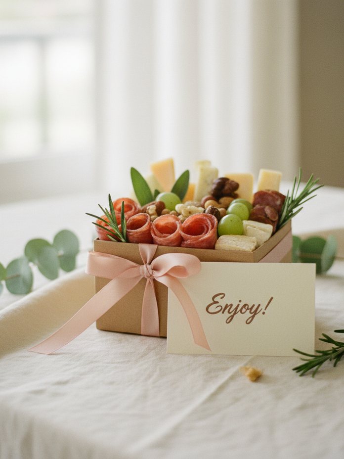 A small gift box tied with a blush ribbon