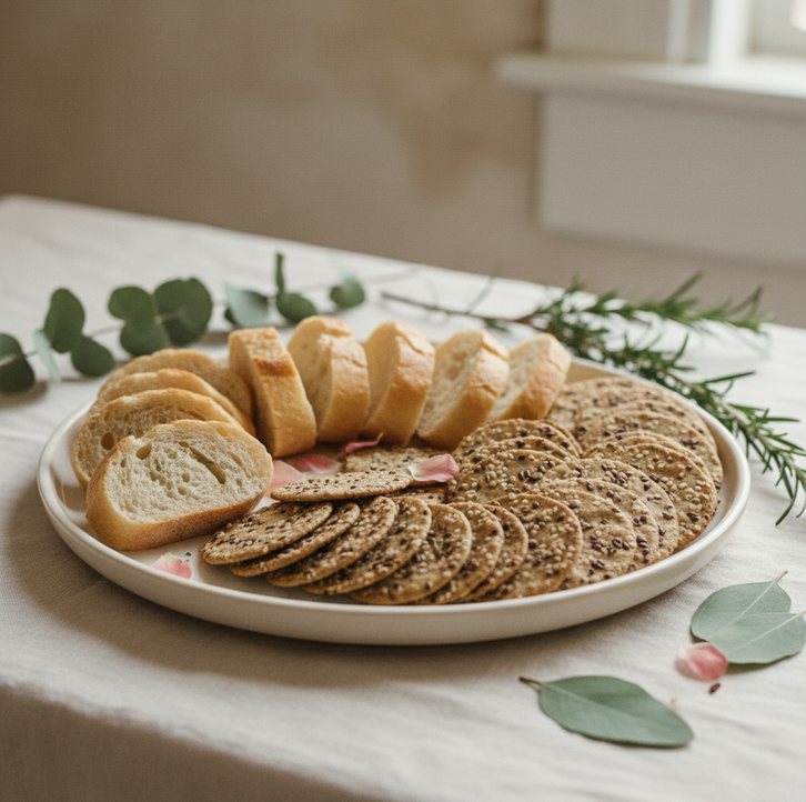 Sliced baguette and seeded crackers