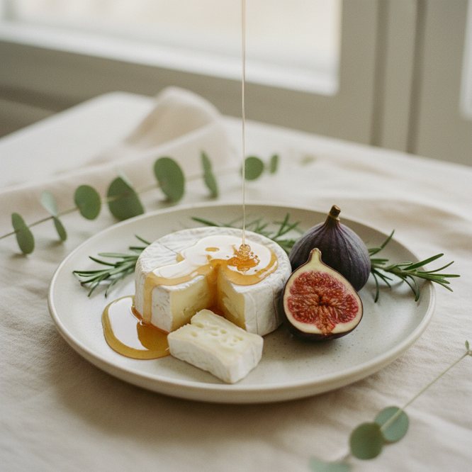 Soft cheese with figs and honey on a pale plate