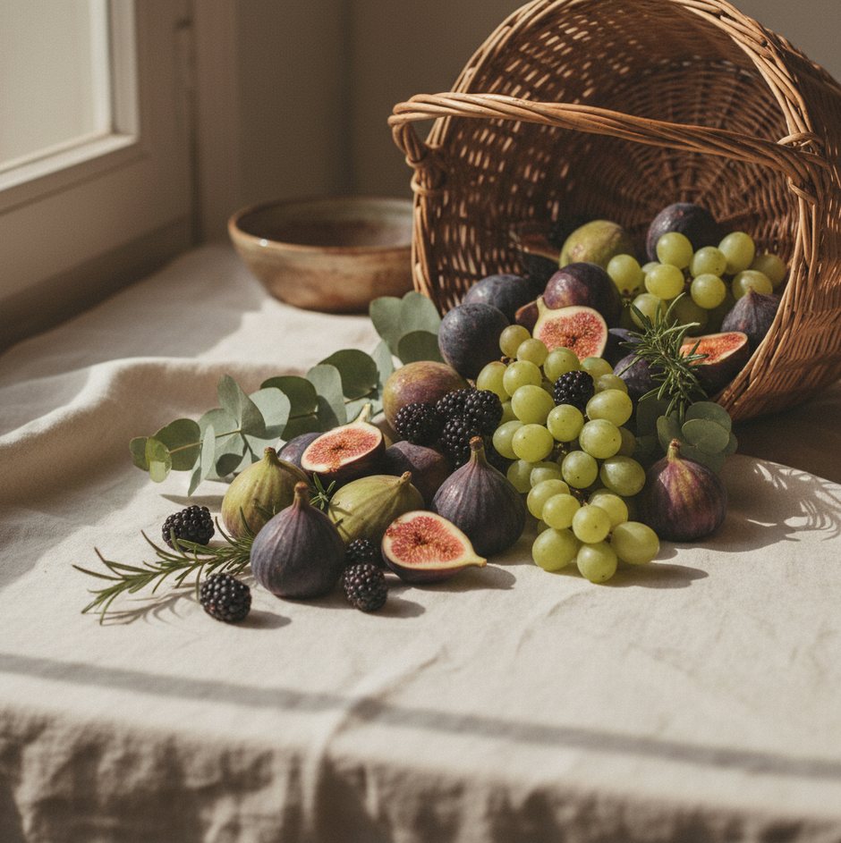 Figs, grapes and blackberries on ivory linen