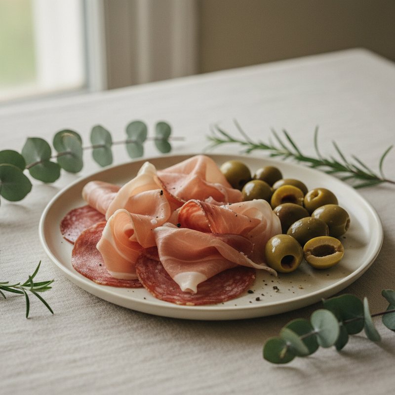 Folded prosciutto and salami with green olives