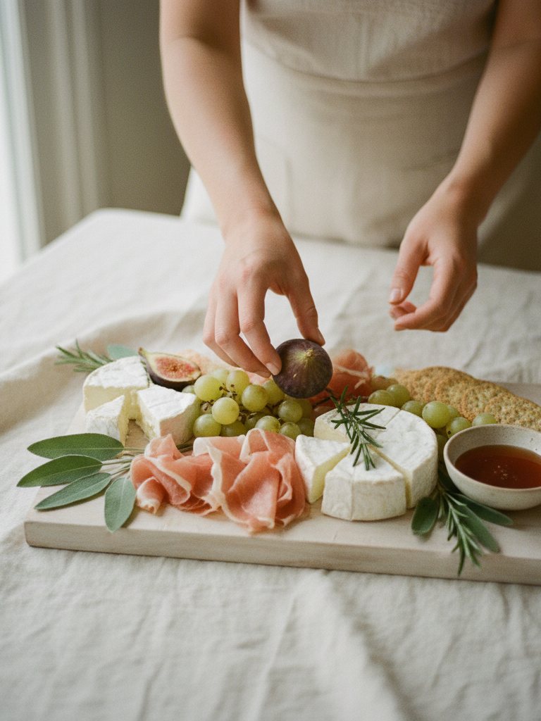 Hands placing a fig onto a charcuterie board
